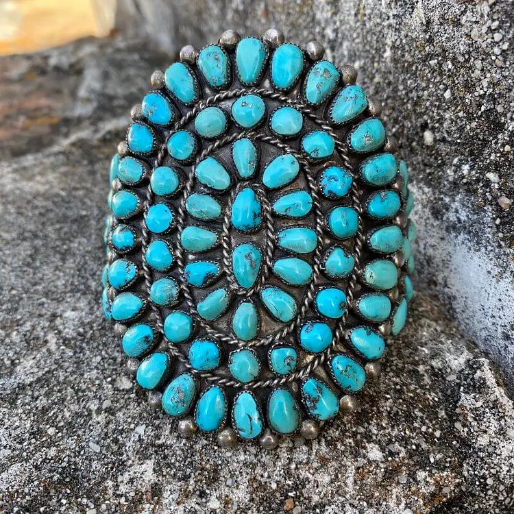 HUGE Zuni Turquoise Sunburst Bracelet in Sterling Silver Old Pawn