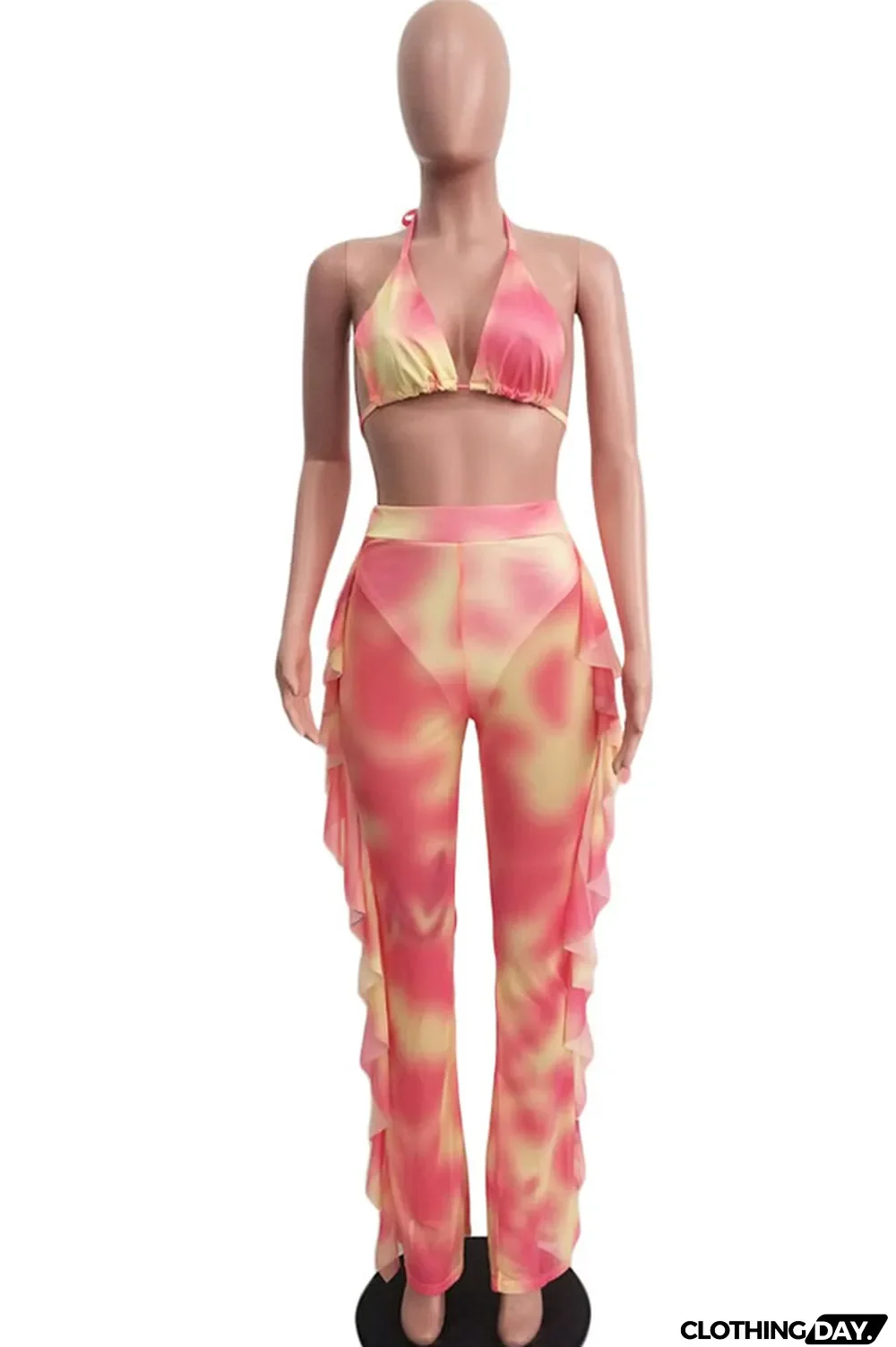 Yellow Polyester Sexy Fashion Stringy selvedge Print Tie Dye Patchwork Loose Sleeveless