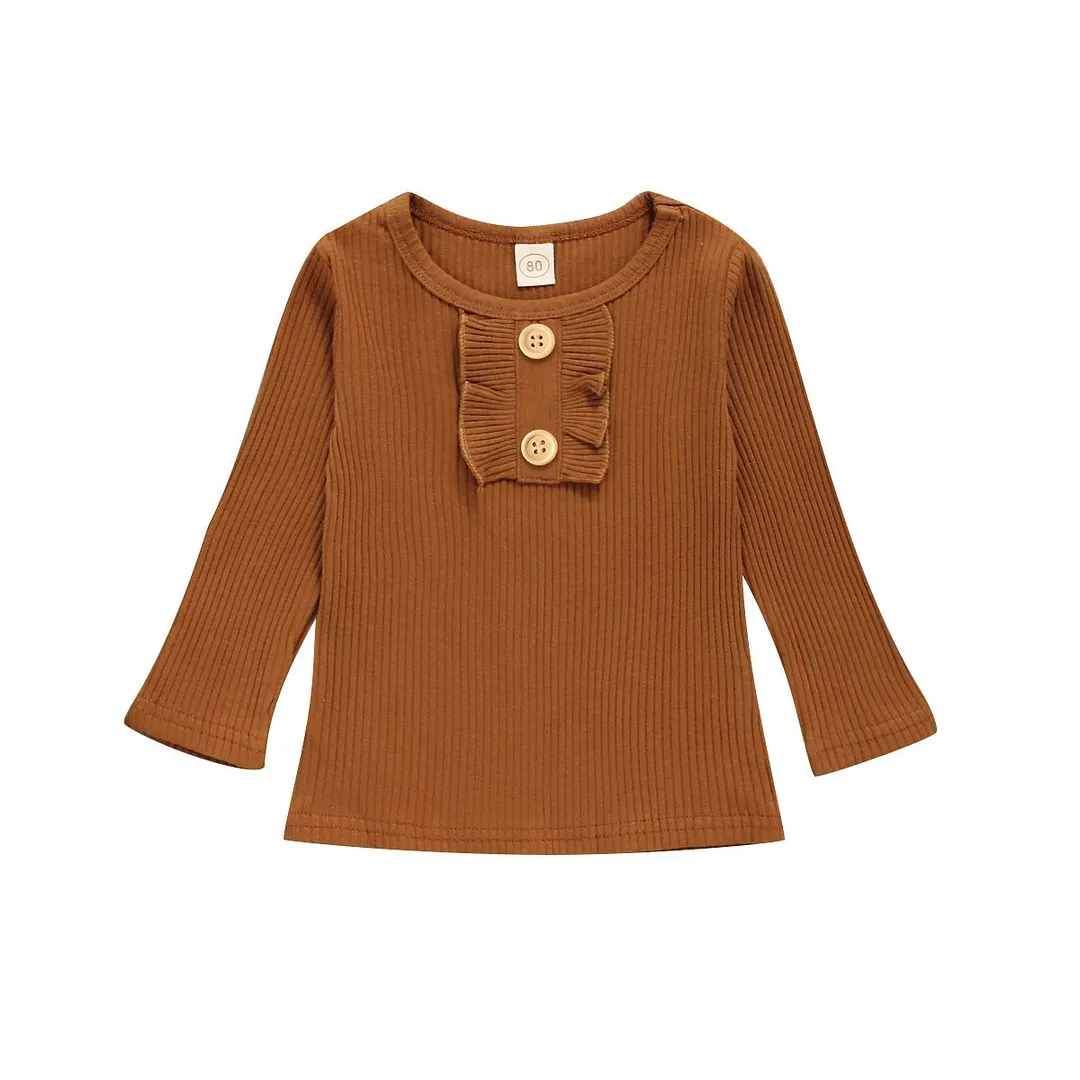 1-6Years Baby Girls Ribbed Shirt Top Long Sleeve T-shirt Solid Color Ruffle Decoration Button Classic Spring Autumn Clothing