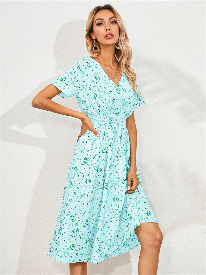 Women's Summer V-neck Small Floral Dress Printed Short-sleeved Dress S-XL-Cosfine