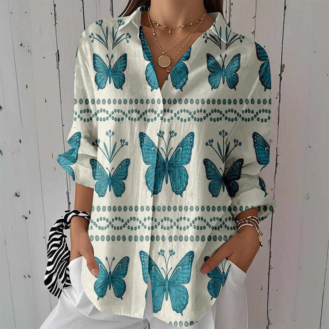 Women Long Sleeve V-neck Graphic Floral Printed Top