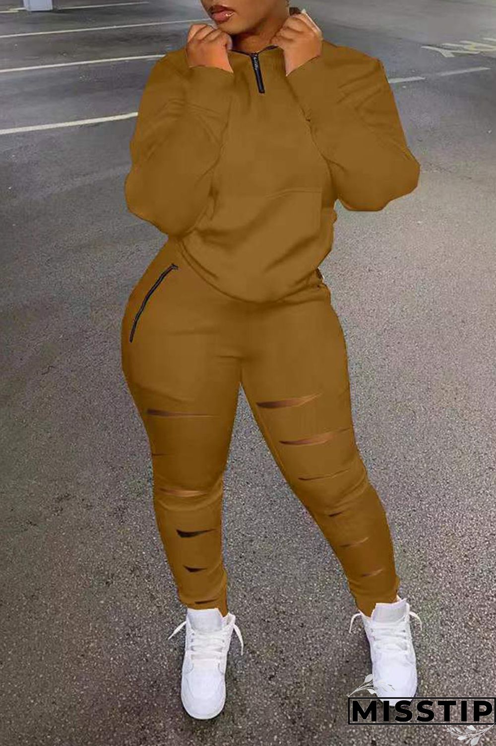 Coffee Casual Sportswear Solid Hollowed Out Patchwork Zipper Collar Long Sleeve Two Pieces