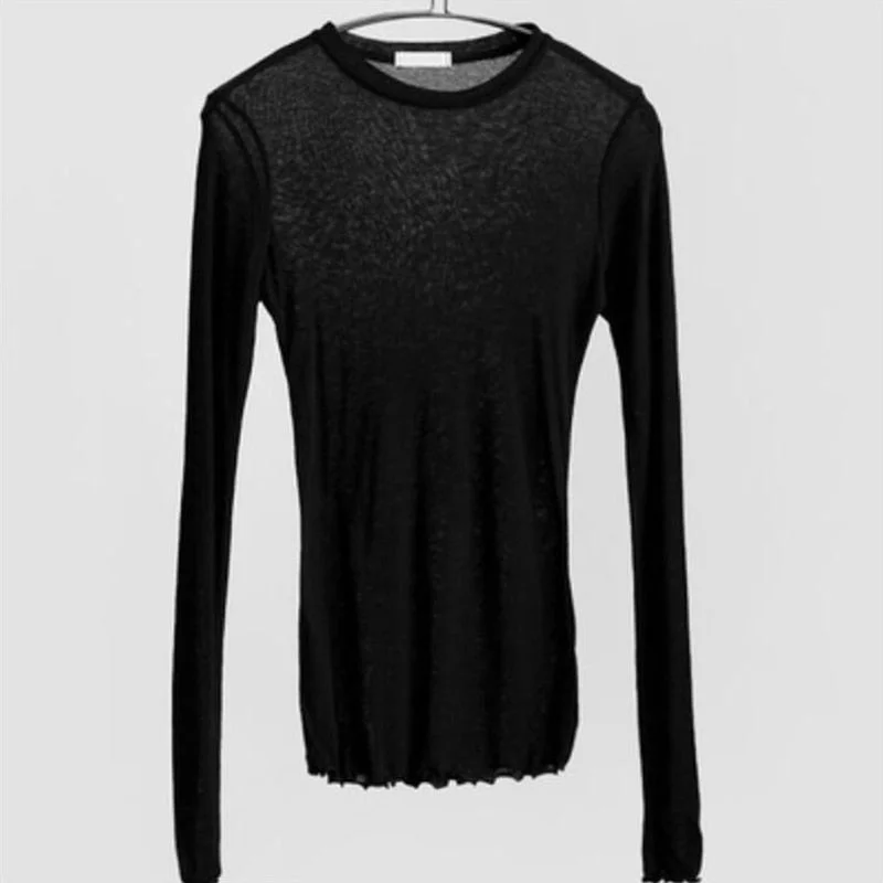 Slim High Quality Plain T Shirt Women Cotton Elastic Basic T-shirts Female Casual Tops Long Sleeve Sexy Thin T-shirt see through