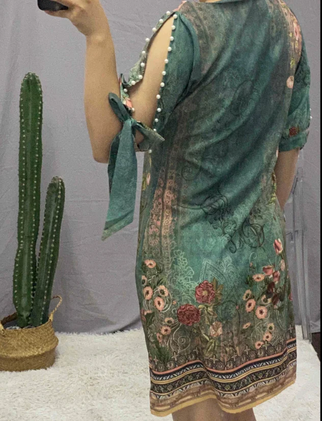 Wongn Wongn Summer Women's Chinese Retro Family Style Loose Casual Round Collar Print Cover Dress