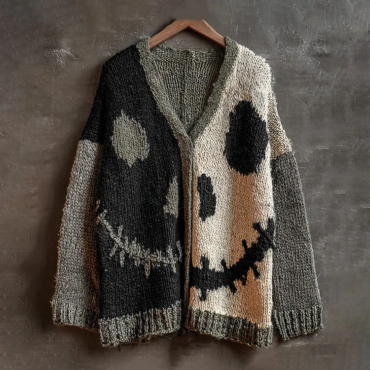 Halloween Spooky Face Contrast Stitching Cozy Knitted Sweater Cardigan