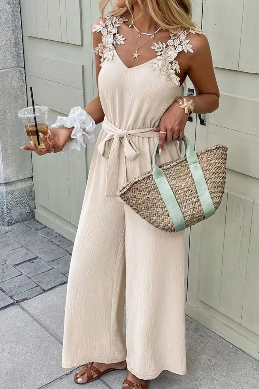 Miabel Unique Champange Spaghetti Strap Applique Sleeveless Jumpsuit with Belt 