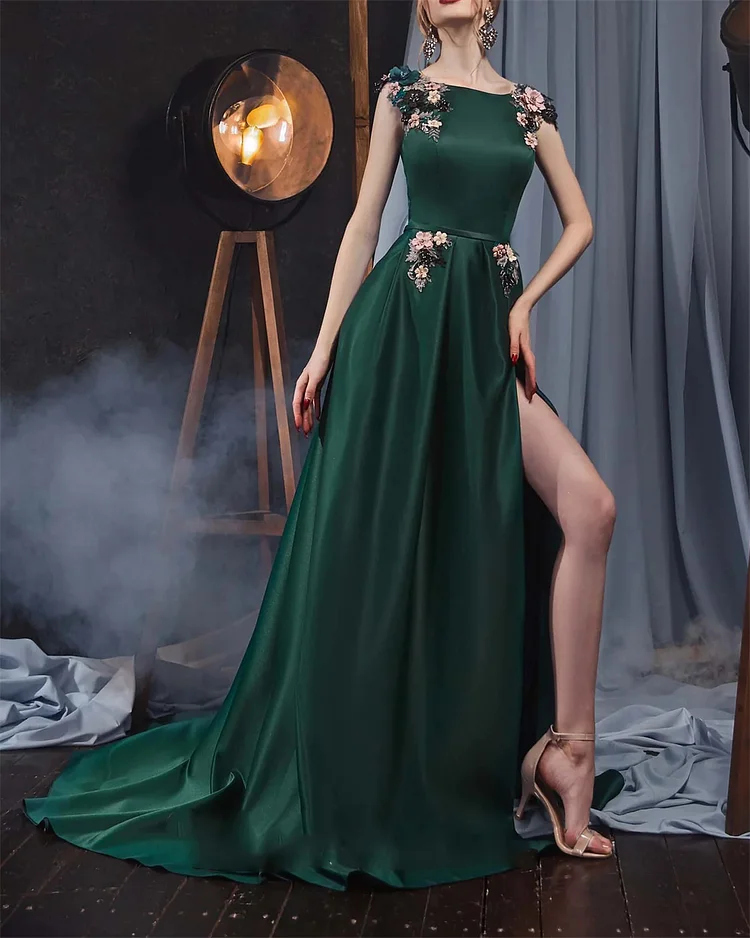 Women's Green Embroidered Slit Satin Dress