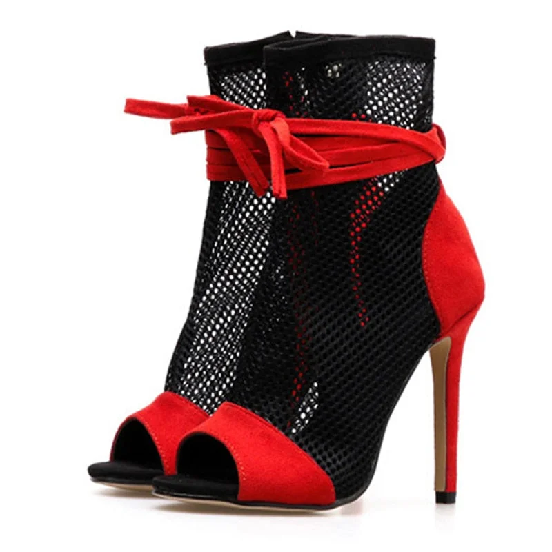 Spring Autumn New Sexy Mesh Ankle Boots Sandals Women Peep Toe Stiletto Heels Fashion Zip Lace Up Ladies Club Party Dance Shoes
