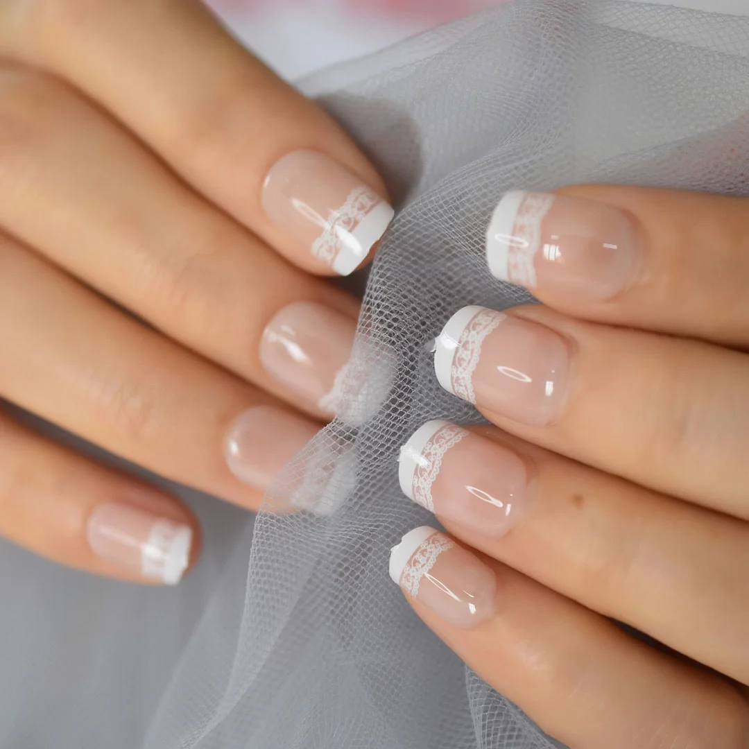 Short French Tips Natural Press On Nails Lace Pattern Nude Fake Gel Nails With Design Daily Wear For Girls Ladies