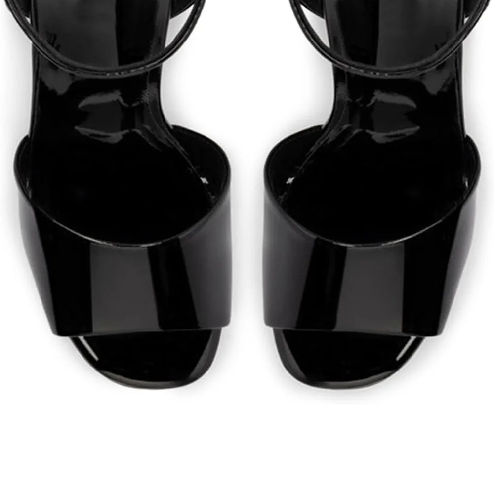 Black Patent Leather Open-Toe Transparent Flared Heel Women's Sandals
