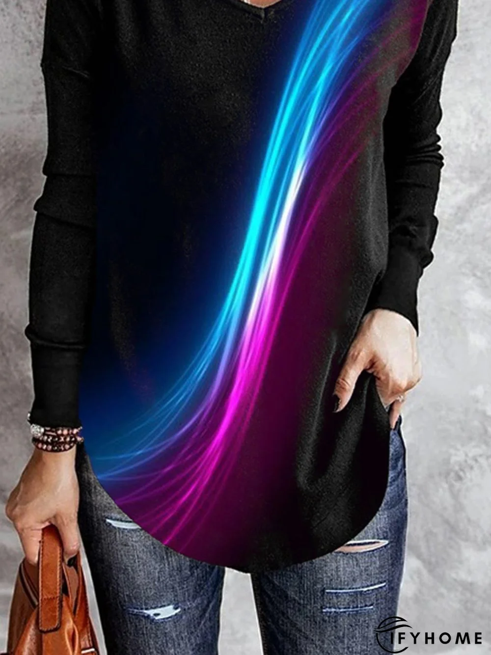 Women Casual Abstract Autumn V neck Micro-Elasticity Daily Long sleeve Mid-long Regular Size T-shirt | IFYHOME