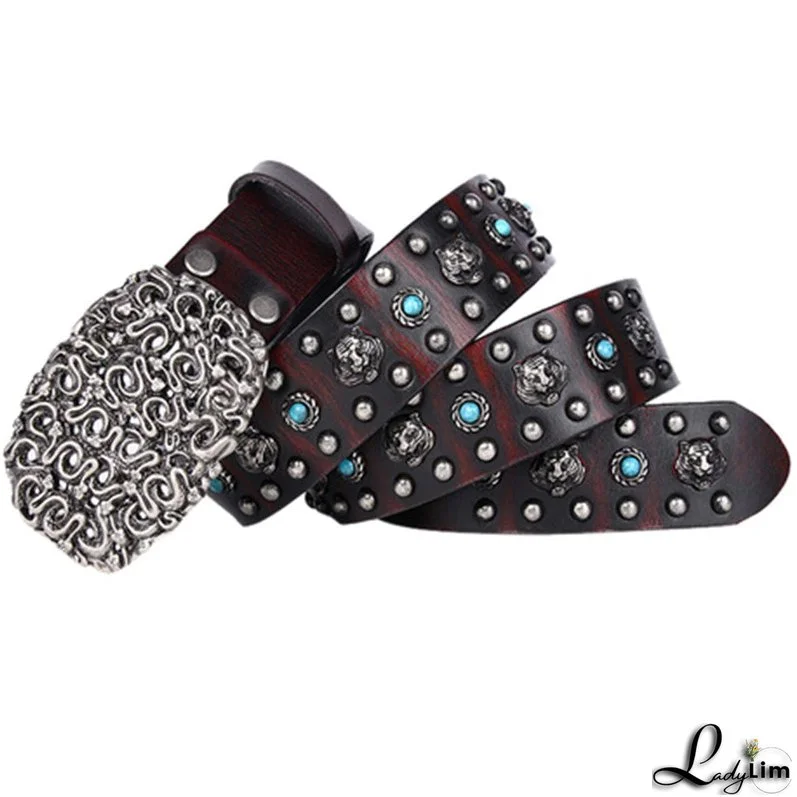 Western Style High quality western snake design buckle men's leather belt fashion jeans punk style belt willow nail retro snake buckle belt