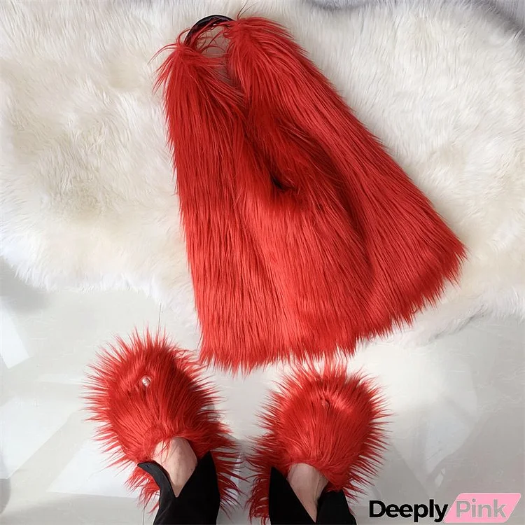 Women Fashion Y2K Plush Slippers Tote Bag Two-Piece Set