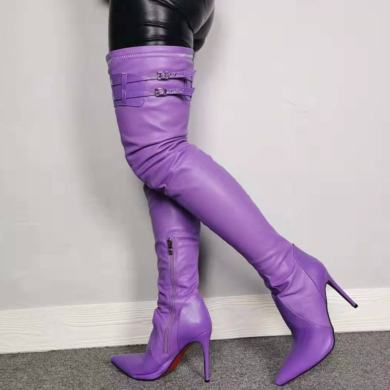 Elegant purple over the knee boots stiletto heel pointed toe thigh high boots