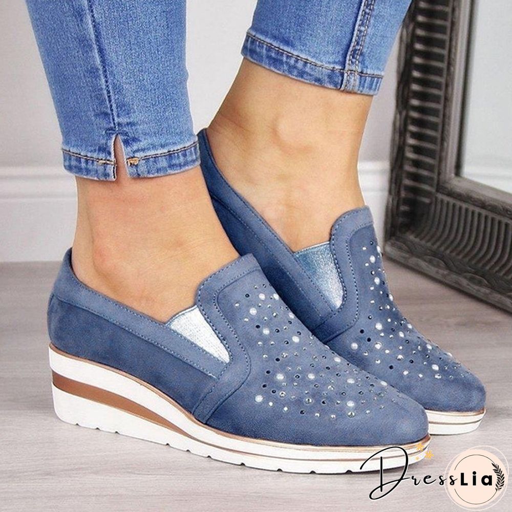Women Casual Thick Sole Single Shoes Rhinestones Sandals Breathable Wedge Shoes