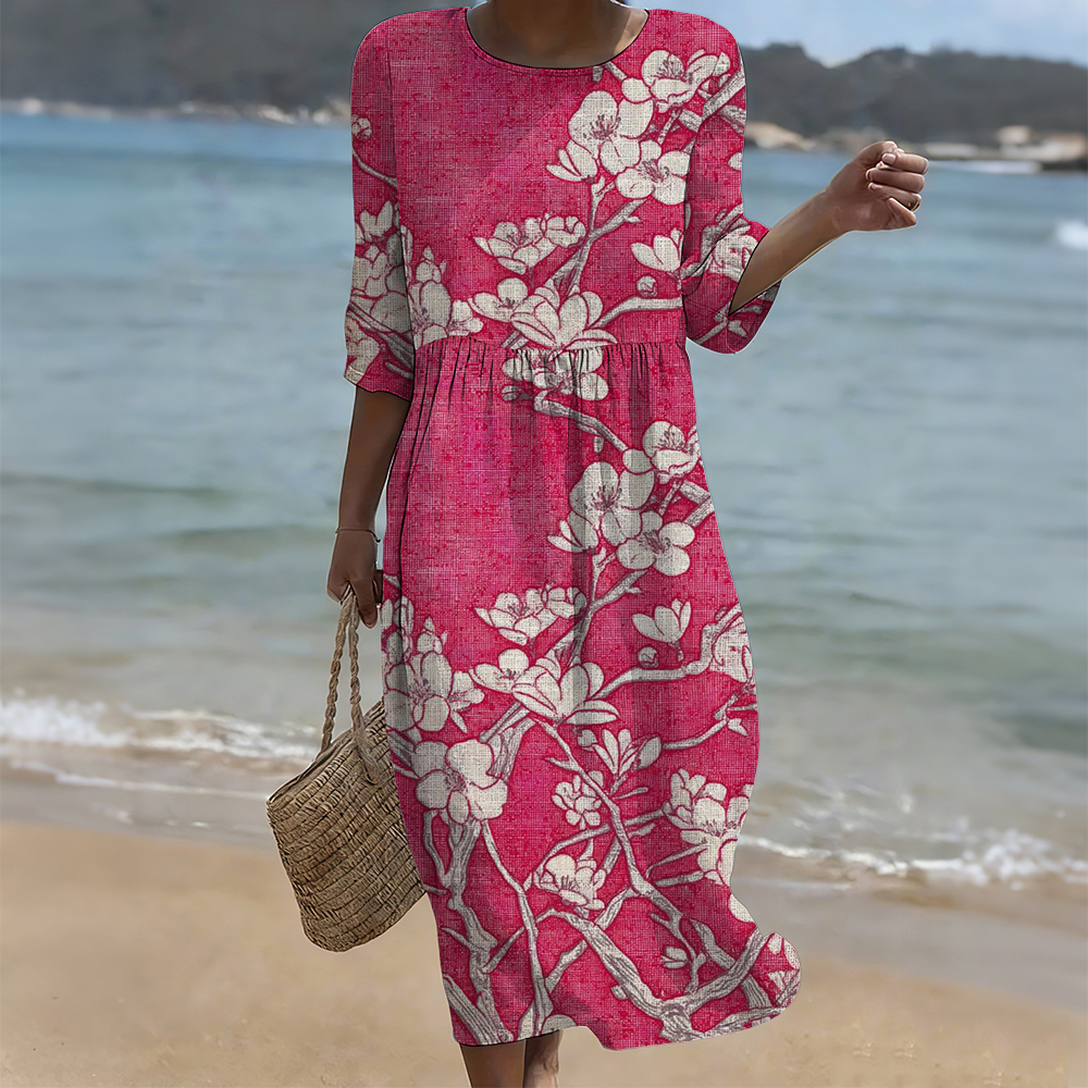 Japanese Cherry Blossom Art Flowy Linen Maxi Dress wearshes