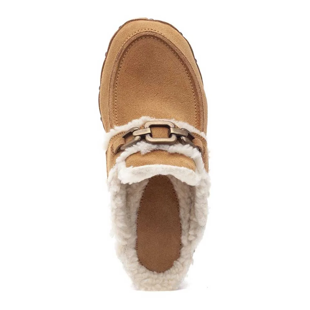 Brown Faux Fur Metal Chain Platform Mules for Women with Studs