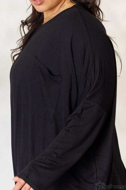 Zenana Full Size Round Neck Long Sleeve Top with Pocket