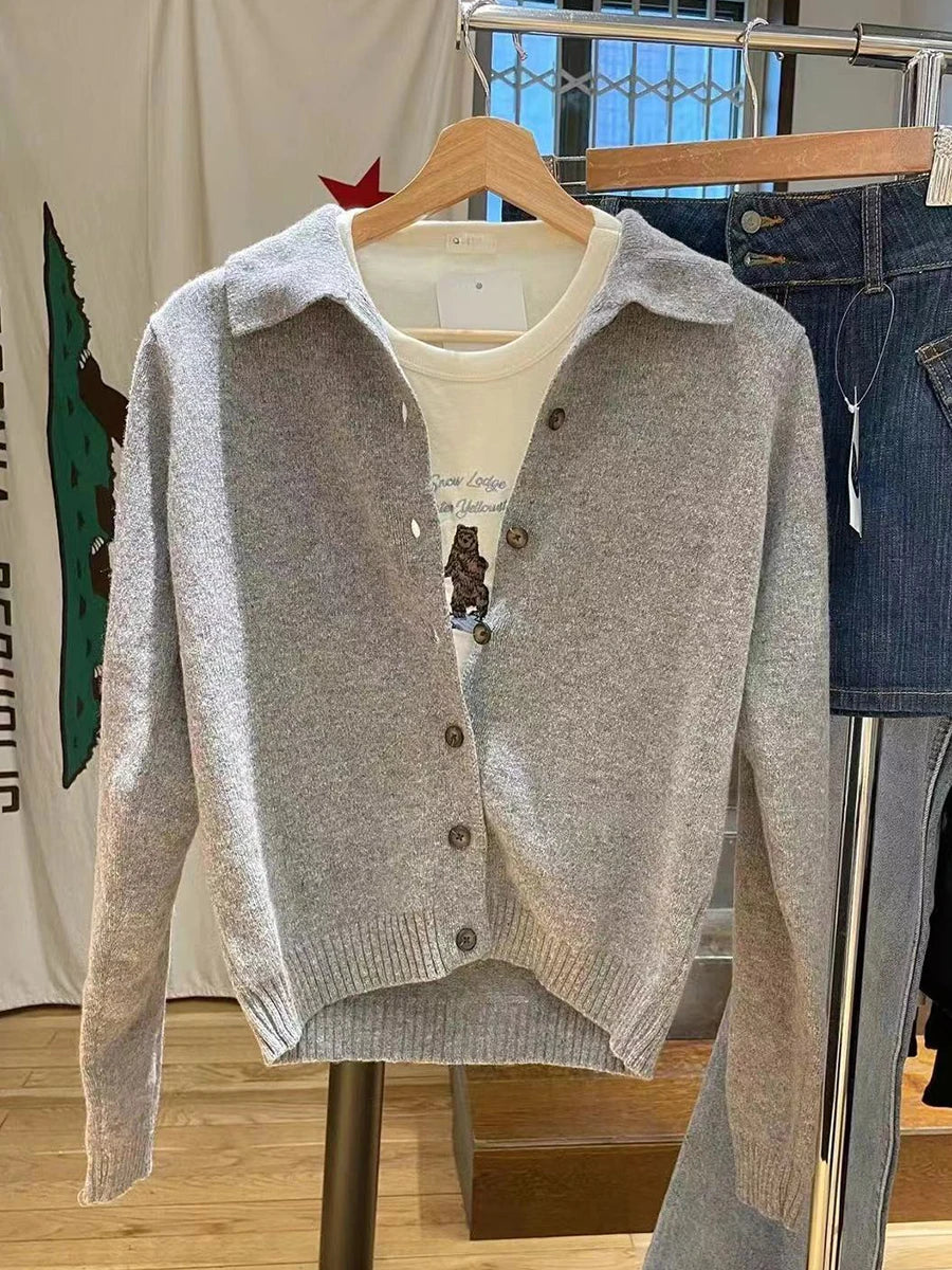 Sweet Solid Knitted Cardigan Sweater Woman Turn Down Collar Single Breasted Long Sleeve Coat Autumn Casual Vintage Y2k Sweaters Aiertu