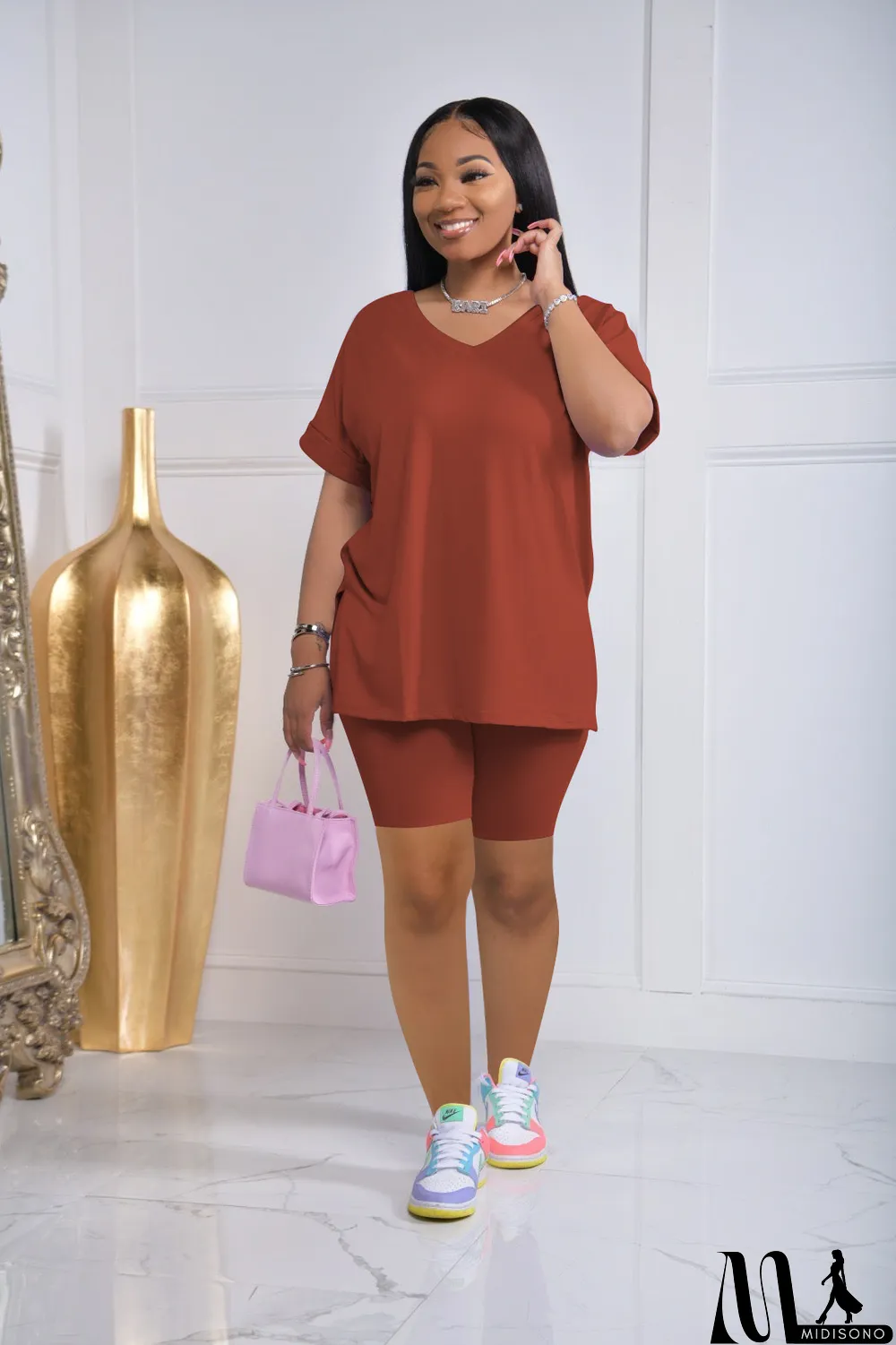 MidiSono - Two-piece Solid Color Slit Casual Shorts