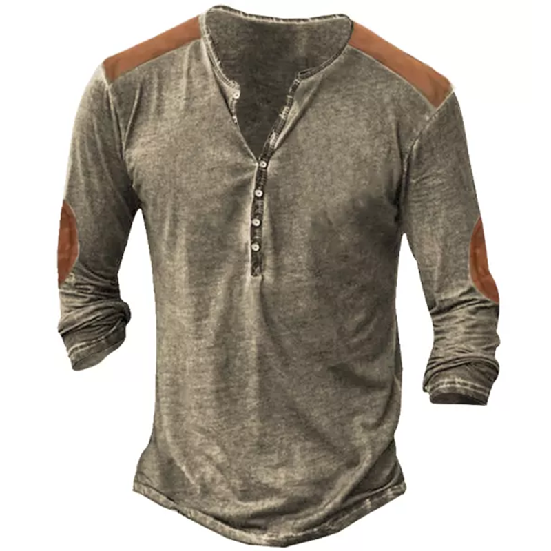 Men's Retro Stitching Color Contrast Henley Long Sleeve T-Shirt
