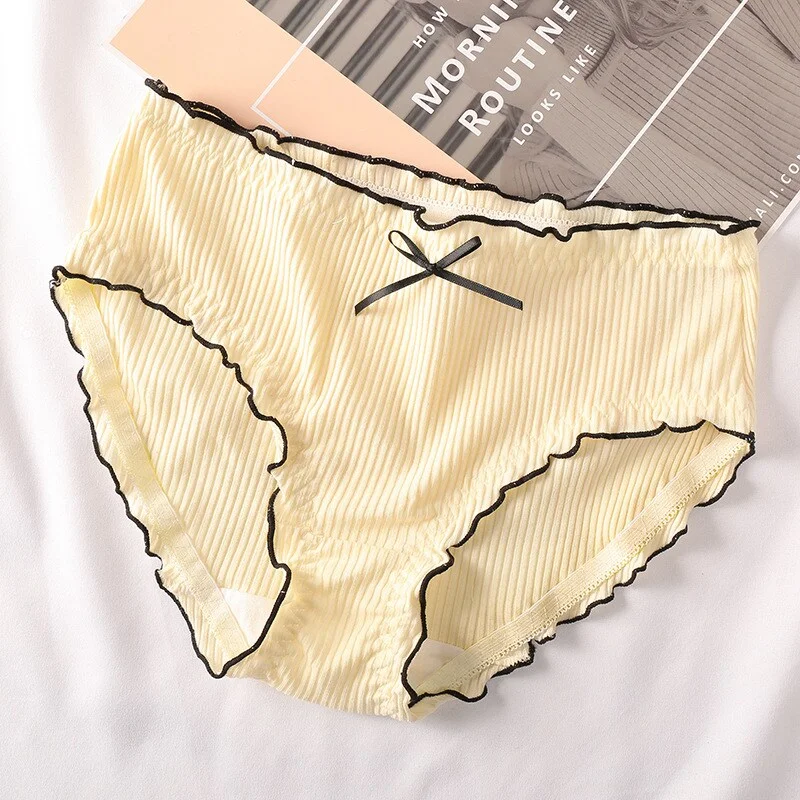 Billionm Japan Style Briefs Sexy Comfort Cotton Mid Waist Women Panties Lovely Bow Stripe Lingerie Solid Health Sleep Underwear