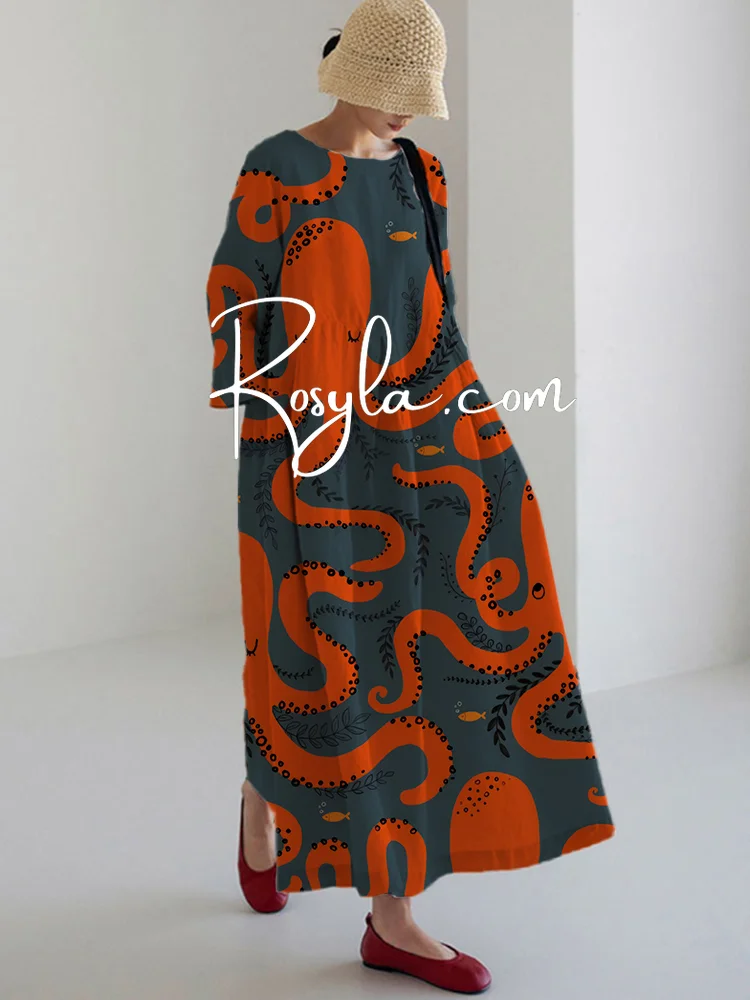 Women's Art Retro Leaves Print Loose Round Neck Medium Length Skirt Dress