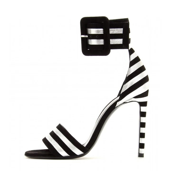 Black and Silver Striped Strap Open-Toe Heeled Sandals with Buckle