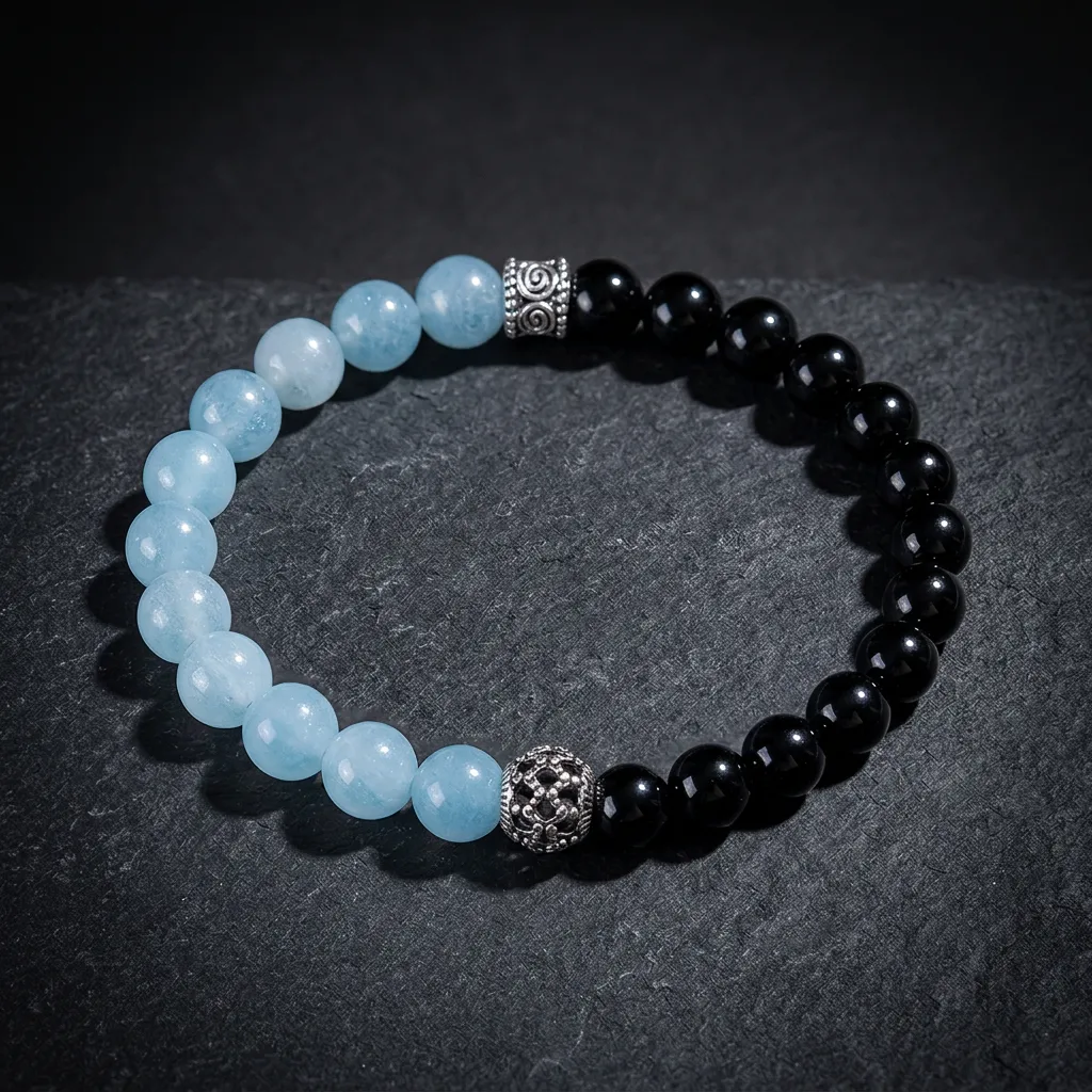 Serene Balance: Natural Aquamarine & Obsidian Beaded Bracelet in S925 Sterling Silver Petite 6mm Beads