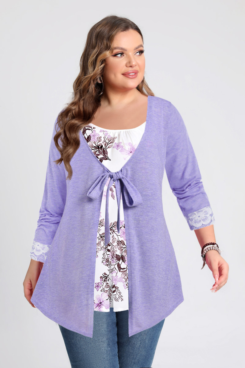 Flycurvy Plus Size Casual Lavender Floral Print Lace Stitching Knot Fake Two Pieces Blouses