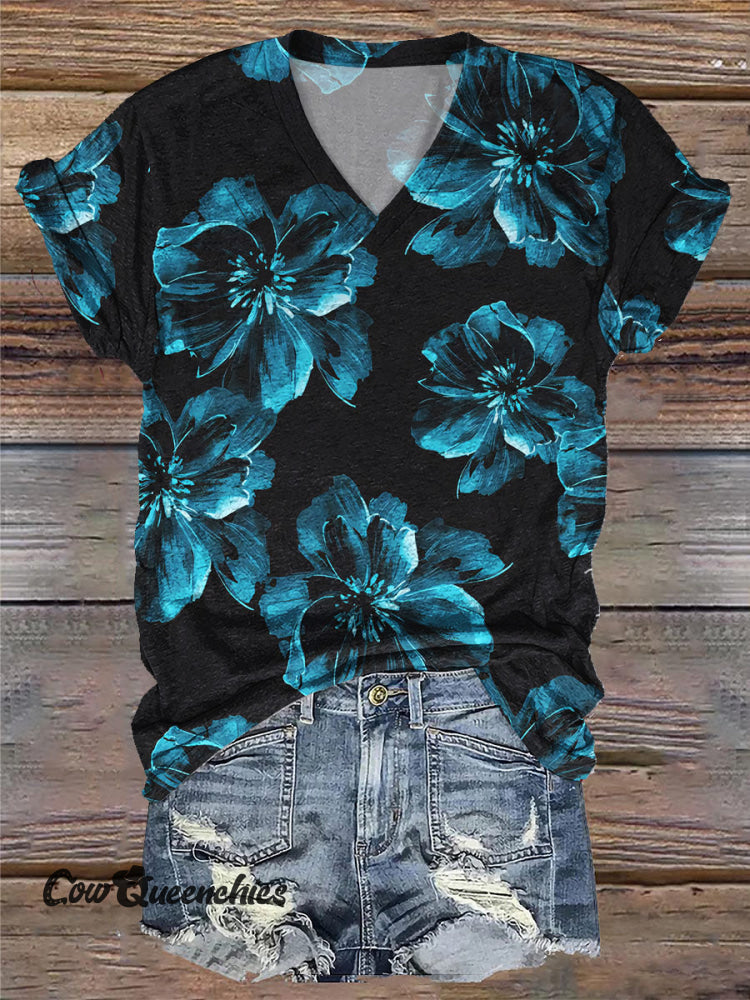 Watercolor Flower Print Casual V-neck T-shirt Black / S