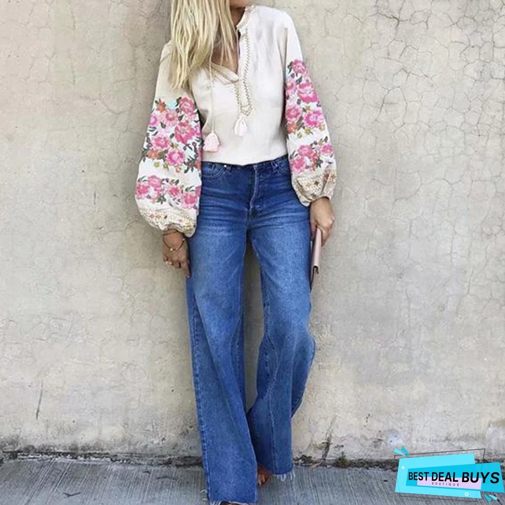 Women Elegant Puff Sleeve Fashion Printed Bohemian V Neck Casual Floral Blouse Tops