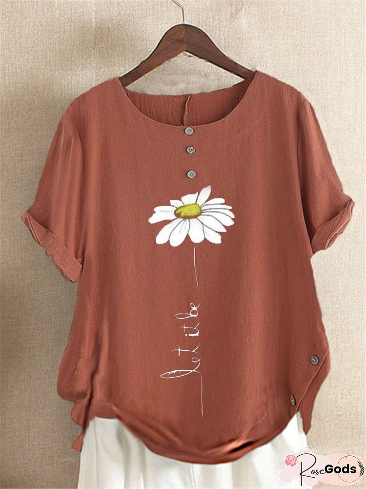 Casual Floral-Print Cotton & Linen Short Sleeve T-Shirt