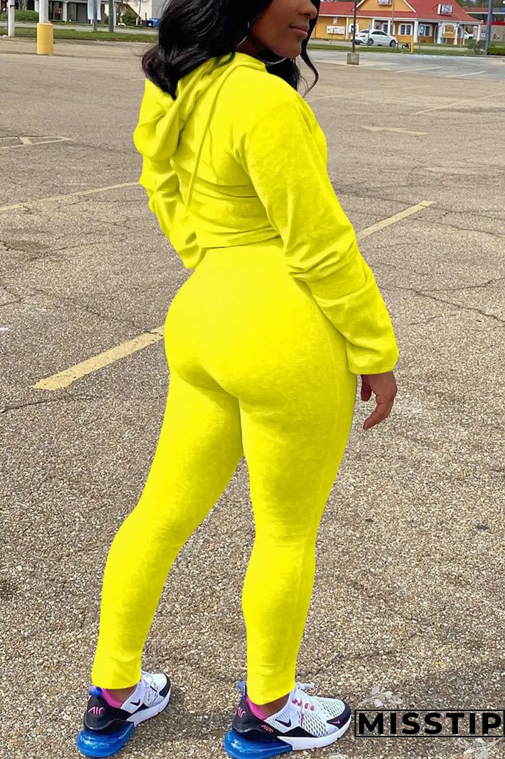 Yellow Street Solid Hooded Collar Long Sleeve Regular Sleeve Two Pieces