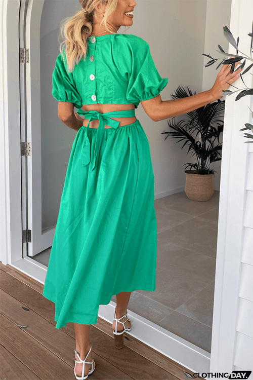 Cut Out Waist V Neck Puff Sleeve Dress
