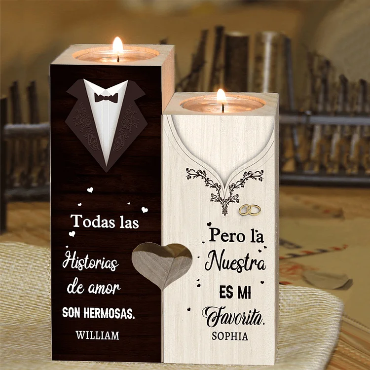 Candelero de madera de vestidos de boda sin vela personalizado con 2 nombres