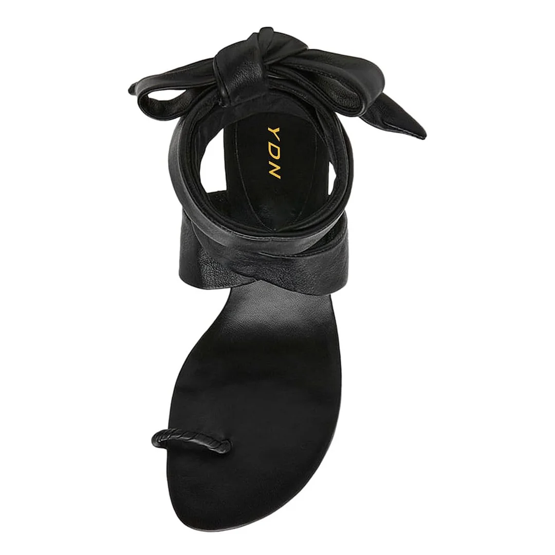 Elegant Black Toe Ring Mid Flared Heel Strappy Summer Sandals