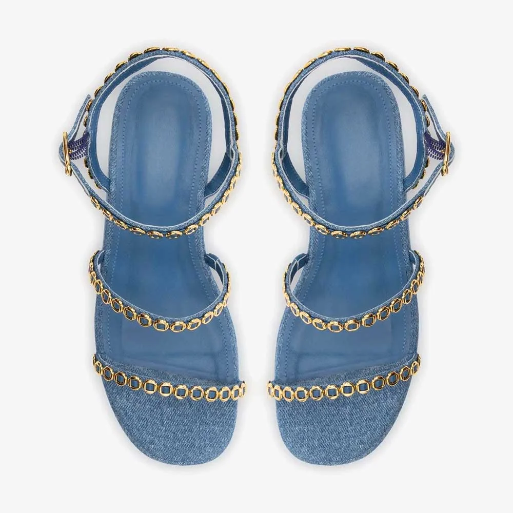 Blue Denim Open Toe Gold Hardware Wedge Sandals with Ankle Strap