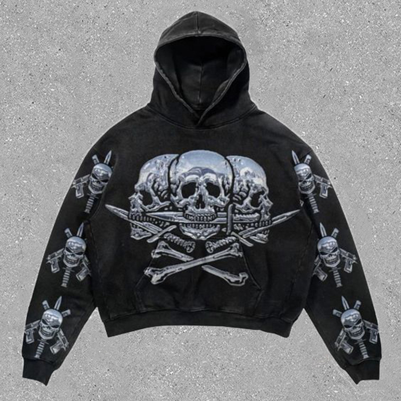 Relaxed Vintage Mechanical Skull Graphic Casual Street Washed Hoodie