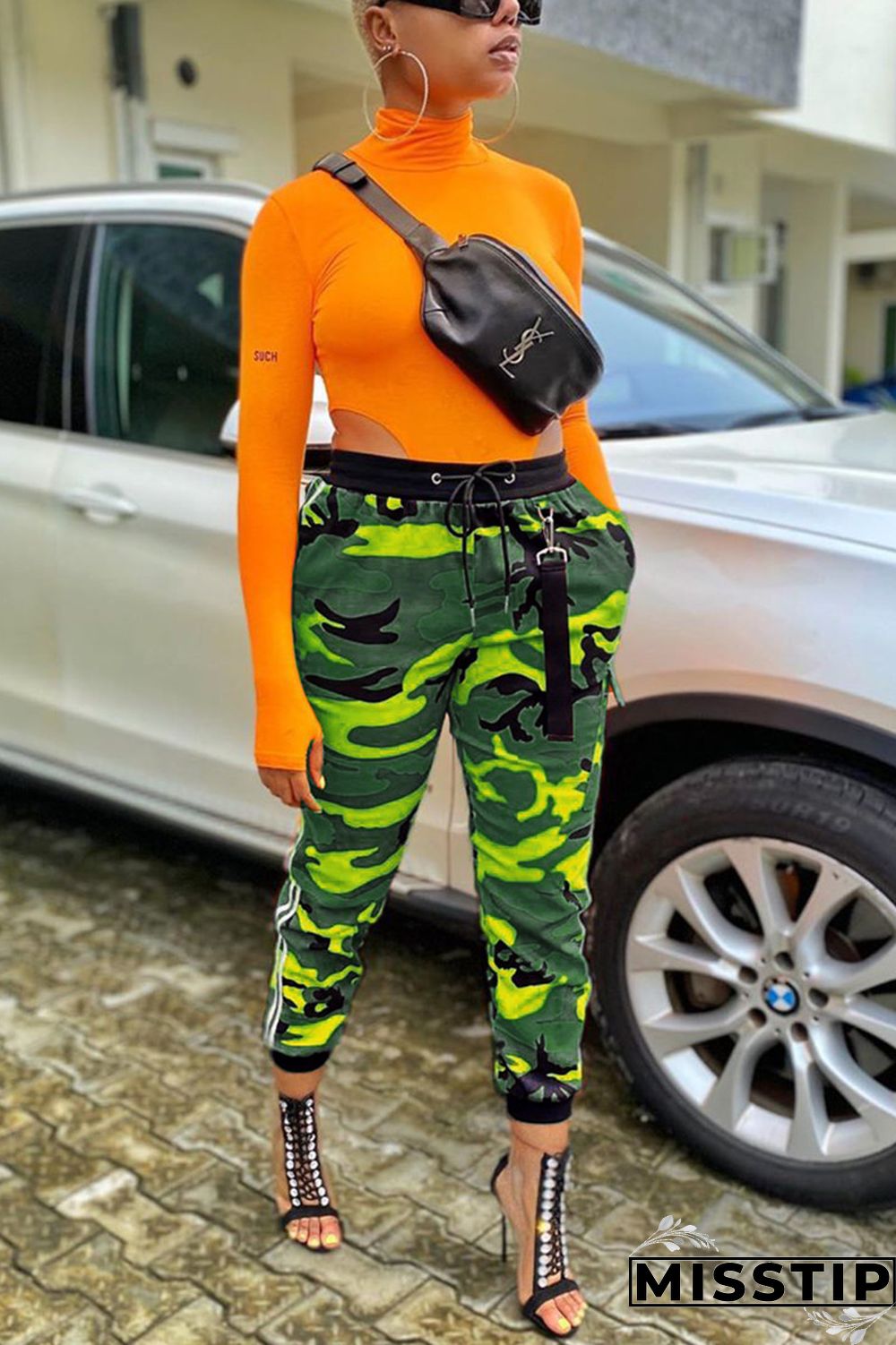 Grey Blue Green Yellow Drawstring Mid Patchwork Print bandage camouflage Loose Capris Bottoms