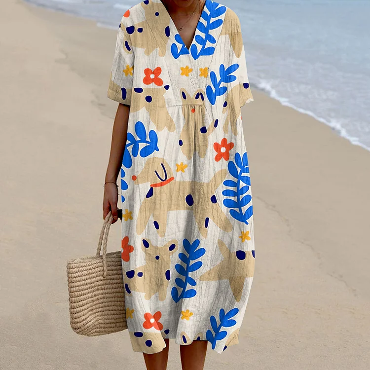 Dog Flower Print V-Neck Loose Midi Dress