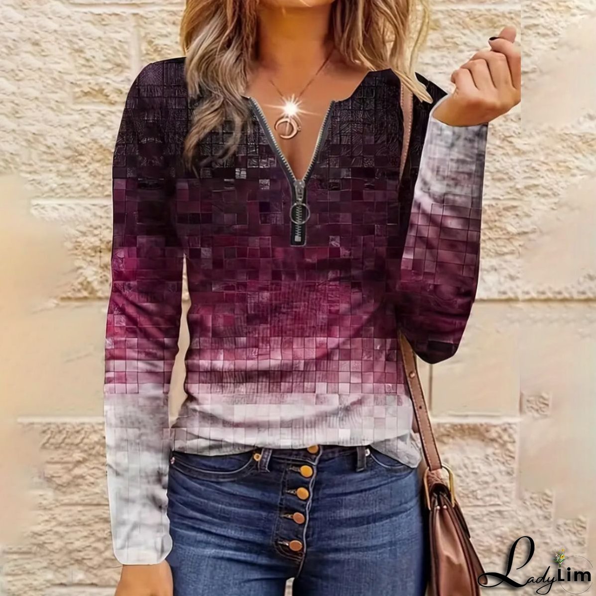 Purple V-Neck Long Sleeve Top