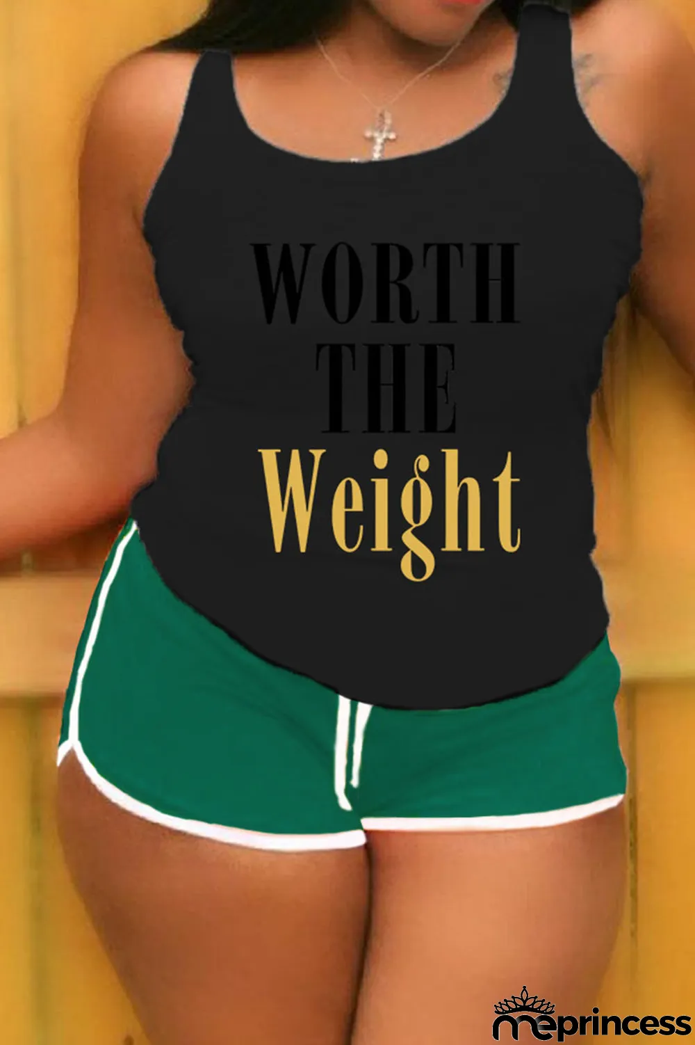 Black Plus Size Casual Letter Print Patchwork U Neck Plus Size Two Pieces