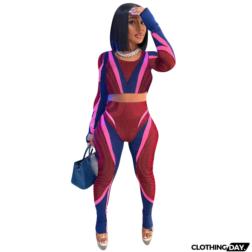 Womens Fashion Casual Print Open Waist Two Piece Pants Set