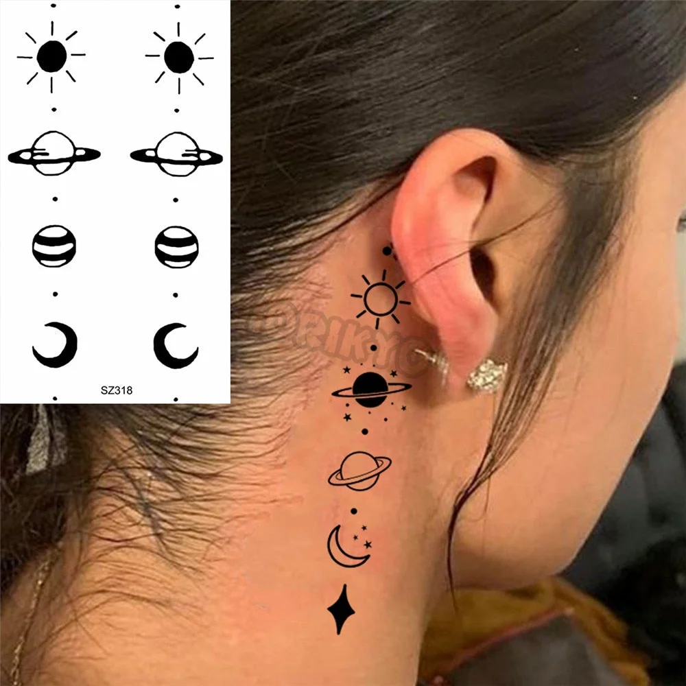 Black Pencil Sketch Henna Lotus Temporary Tattoos For Women Girls Realistic Planet Dandelion Fake Tattoo Sticker Back Arm Tatoos