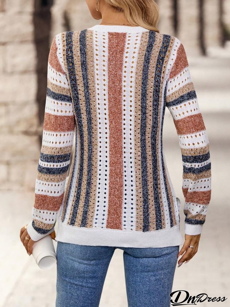 Women's Striped V-Neck Sweater With Hollow Out Design, Long Sleeve, Casual And Comfortable