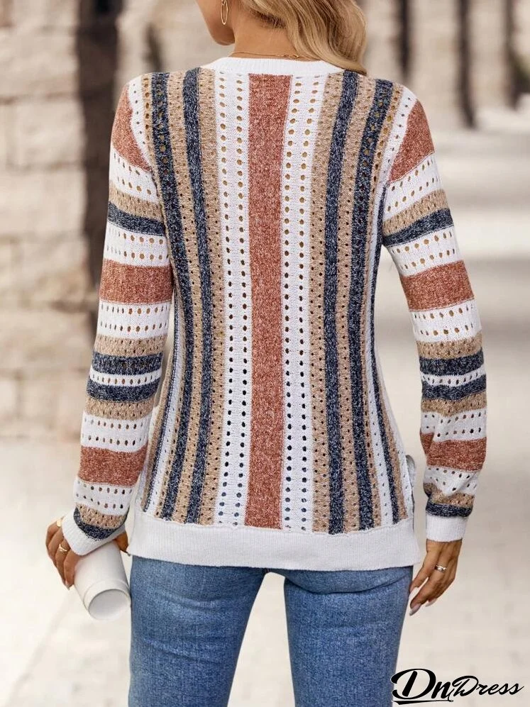 Women's Striped V-Neck Sweater With Hollow Out Design, Long Sleeve, Casual And Comfortable