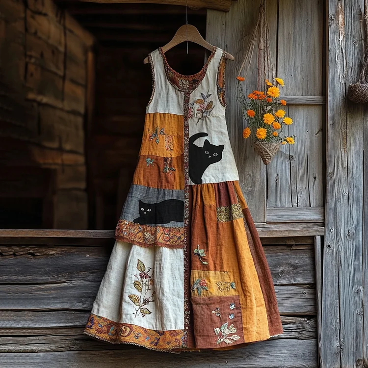 Utbros Vintage Black Cat And Floral Linen Tank Dress