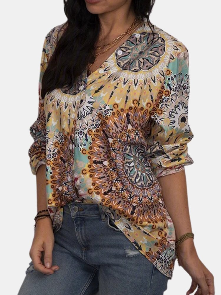 Floral Print V neck Long Sleeve Vintage Chiffon Blouse For Women P1761123