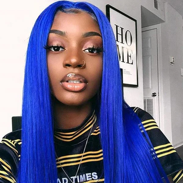 Junoda Royal Blue Straight Wig Colored Human Hair Wigs Glueless Chic Hairstyles for Women